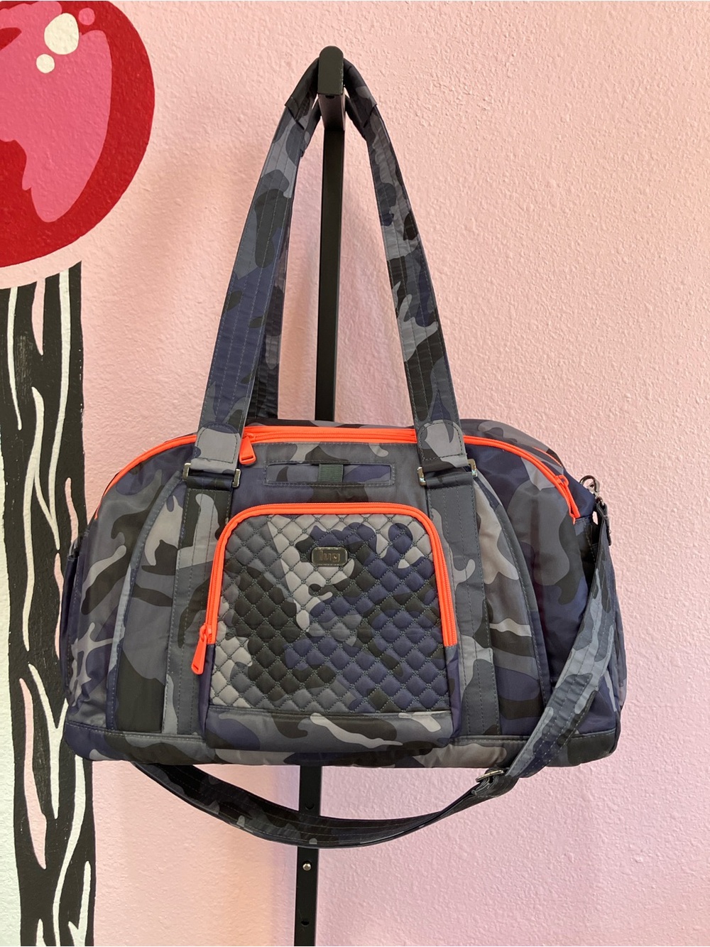 Lug Navy Blue Camouflage Propellor Overnight Duffle Bag with Coral Zippers